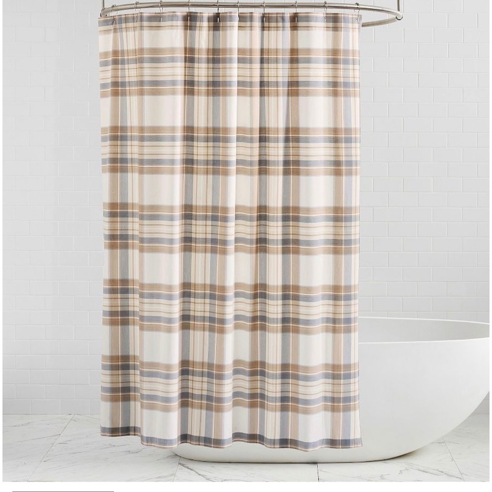 Plaid Shower Curtain Tan Grey White Check Pattern Fabric Bathroom Decor NEW